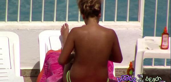  Big Bouncy Tanned 19 year old Hot Blonde by the pool big oily tits